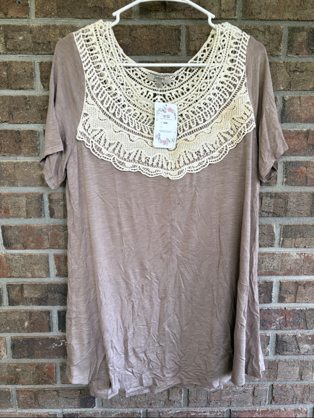 JODIFL Taupe Short Sleeve Tunic with Cream Crochet Yoke